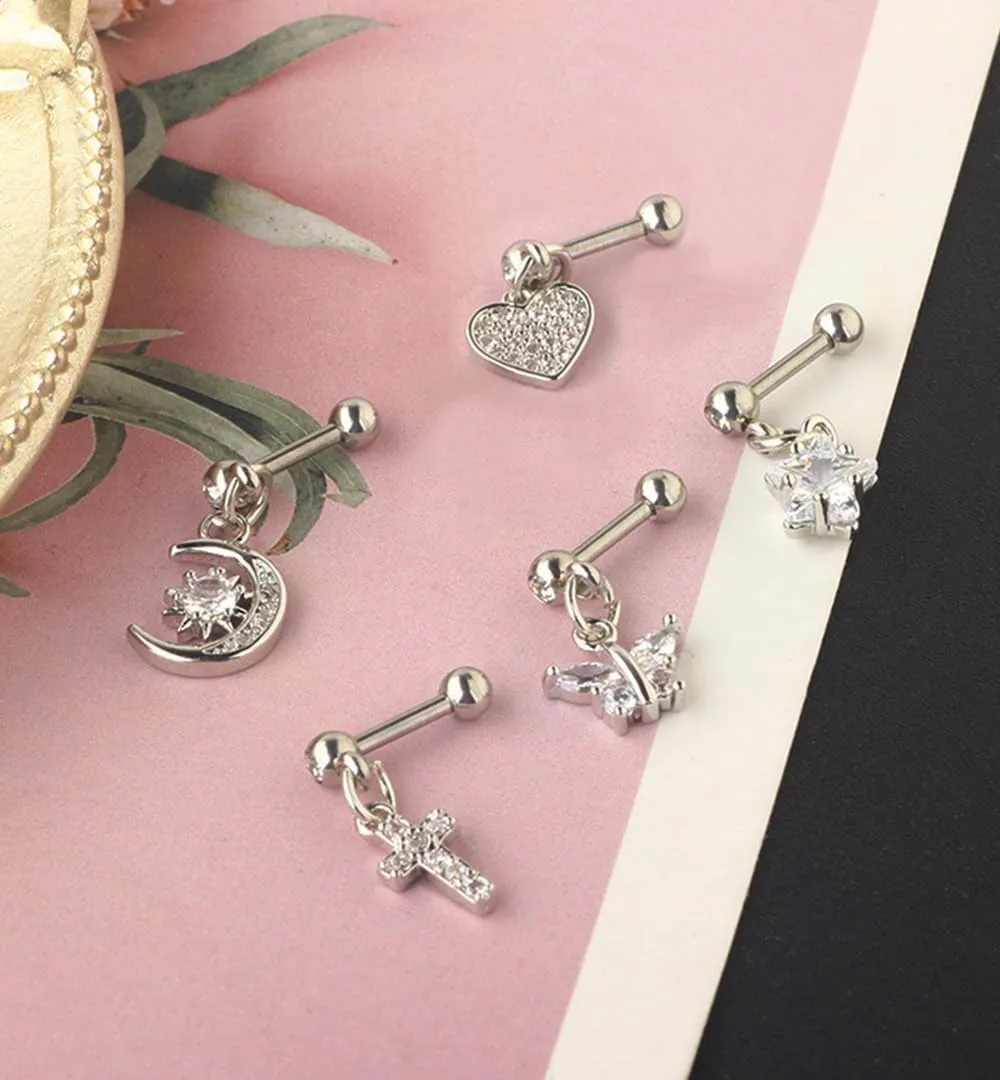 1 Pair 16G Cartilage Stud Earrings for Women Surgical Steel Helix Earrings Dangle Moon Star Butterfly Heart Cross CZ Hypoallergenic Tragus Couch Helix Piercing Jewelry