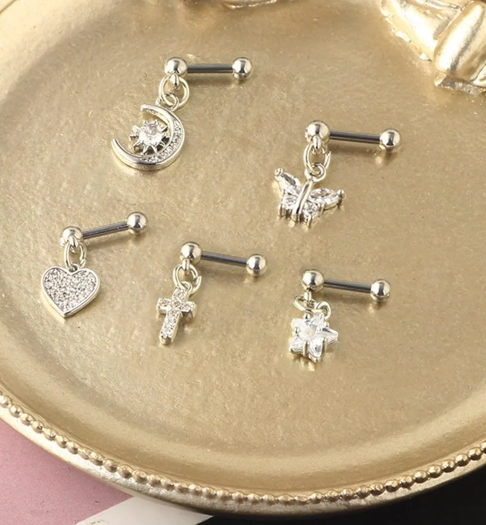 1 Pair 16G Cartilage Stud Earrings for Women Surgical Steel Helix Earrings Dangle Moon Star Butterfly Heart Cross CZ Hypoallergenic Tragus Couch Helix Piercing Jewelry
