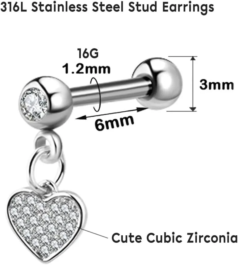 1 Pair 16G Cartilage Stud Earrings for Women Surgical Steel Helix Earrings Dangle Moon Star Butterfly Heart Cross CZ Hypoallergenic Tragus Couch Helix Piercing Jewelry