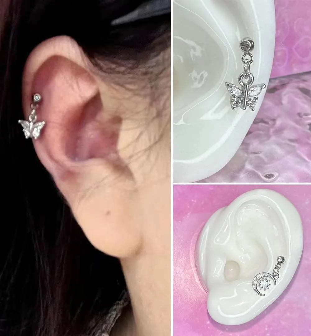 1 Pair 16G Cartilage Stud Earrings for Women Surgical Steel Helix Earrings Dangle Moon Star Butterfly Heart Cross CZ Hypoallergenic Tragus Couch Helix Piercing Jewelry