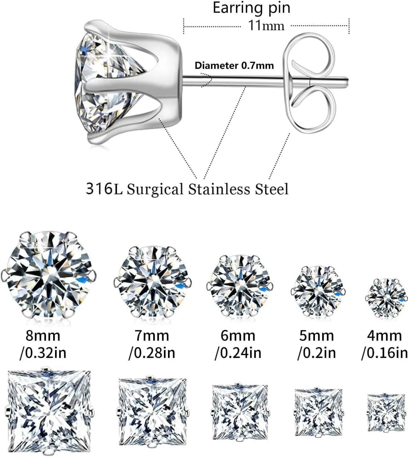 10 Pairs CZ Stud Earrings for Women, Hypoallergenic Earrings for Women Studs Set, Small Stainless Steel Earrings Studs, Cubic Zirconia Earrings for Women men (Square and Round)
