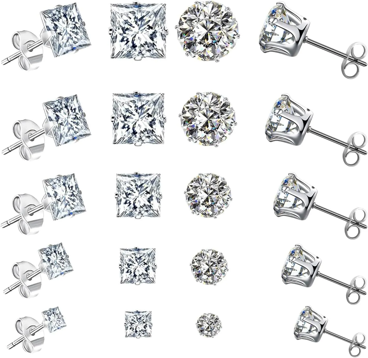 10 Pairs CZ Stud Earrings for Women, Hypoallergenic Earrings for Women Studs Set, Small Stainless Steel Earrings Studs, Cubic Zirconia Earrings for Women men (Square and Round)
