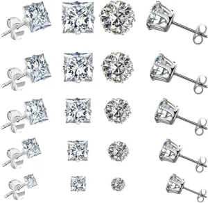 10 Pairs CZ Stud Earrings for Women, Hypoallergenic Earrings for Women Studs Set, Small Stainless Steel Earrings Studs, Cubic Zirconia Earrings for Women men (Square and Round)