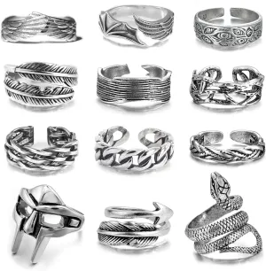 12 Pcs Vintage Rings for Men Adjustable Punk Gothic Viking Feather Angel Wings Snake Mask Rings Set