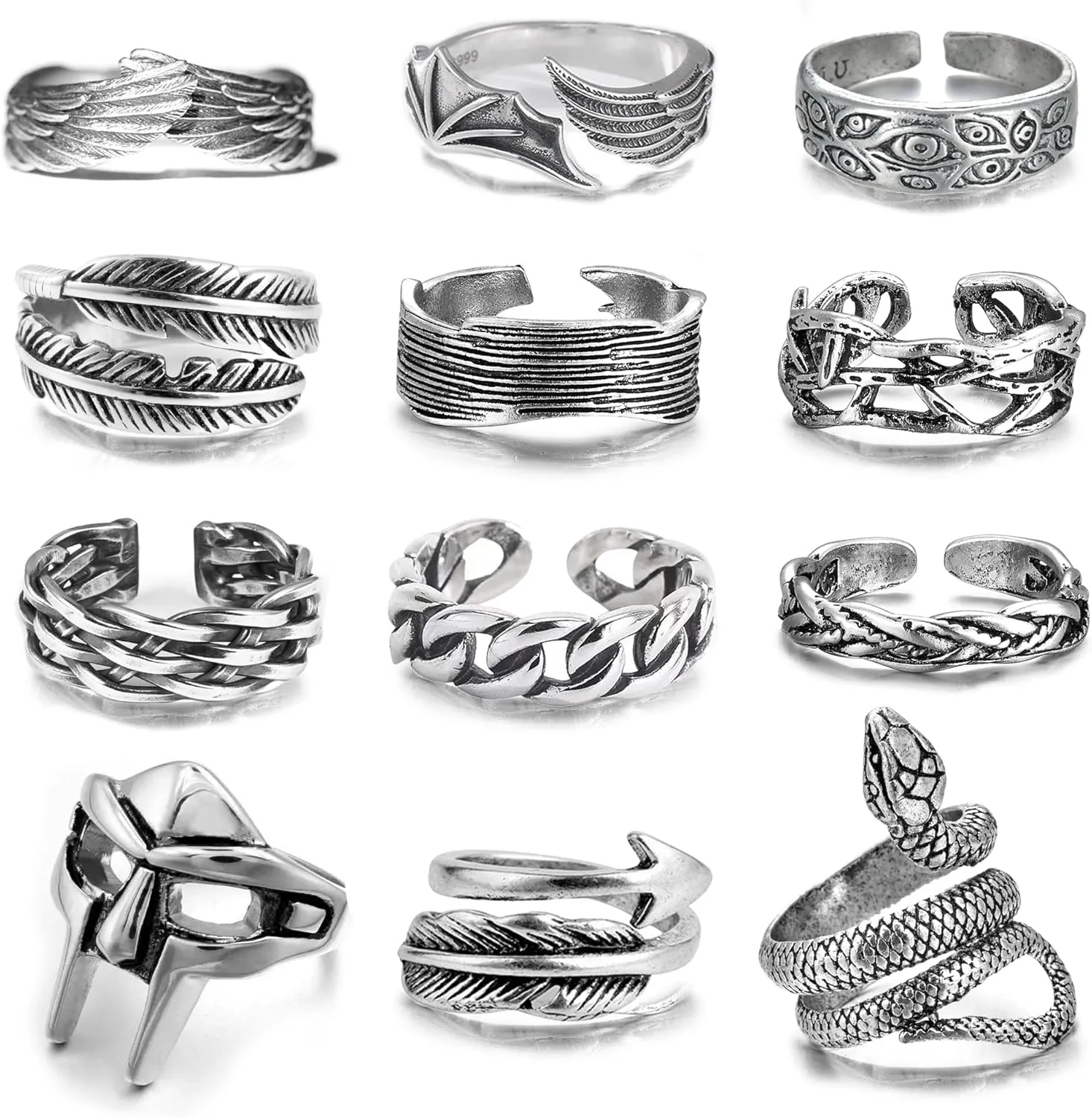 12 Pcs Vintage Rings for Men Adjustable Punk Gothic Viking Feather Angel Wings Snake Mask Rings Set
