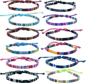 12 Woven Hippie Bracelets for Teen Girls, Adjustable VSCO Girl Braided String Friendship Bracelet for Women, Boho Braid Rope Surfer Jewelry for Men, Aesthetic Bracelets Stocking Stuffers for Teens