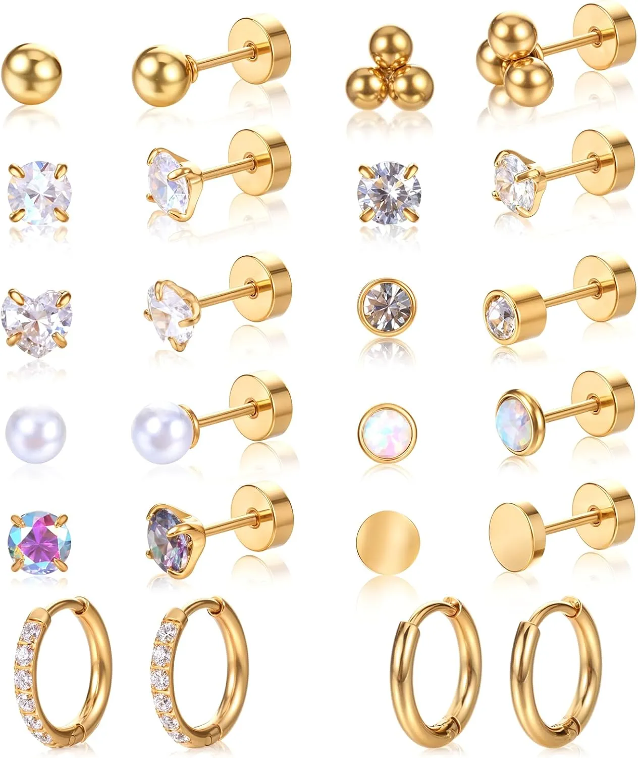 12Pairs Anti-sensitive Surgical Steel Earrings for Sensitive Ears Flat Back Stud Earring Small Huggie Hoop Cartilage Earring