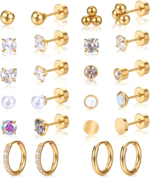 12Pairs Anti-sensitive Surgical Steel Earrings for Sensitive Ears Flat Back Stud Earring Small Huggie Hoop Cartilage Earring