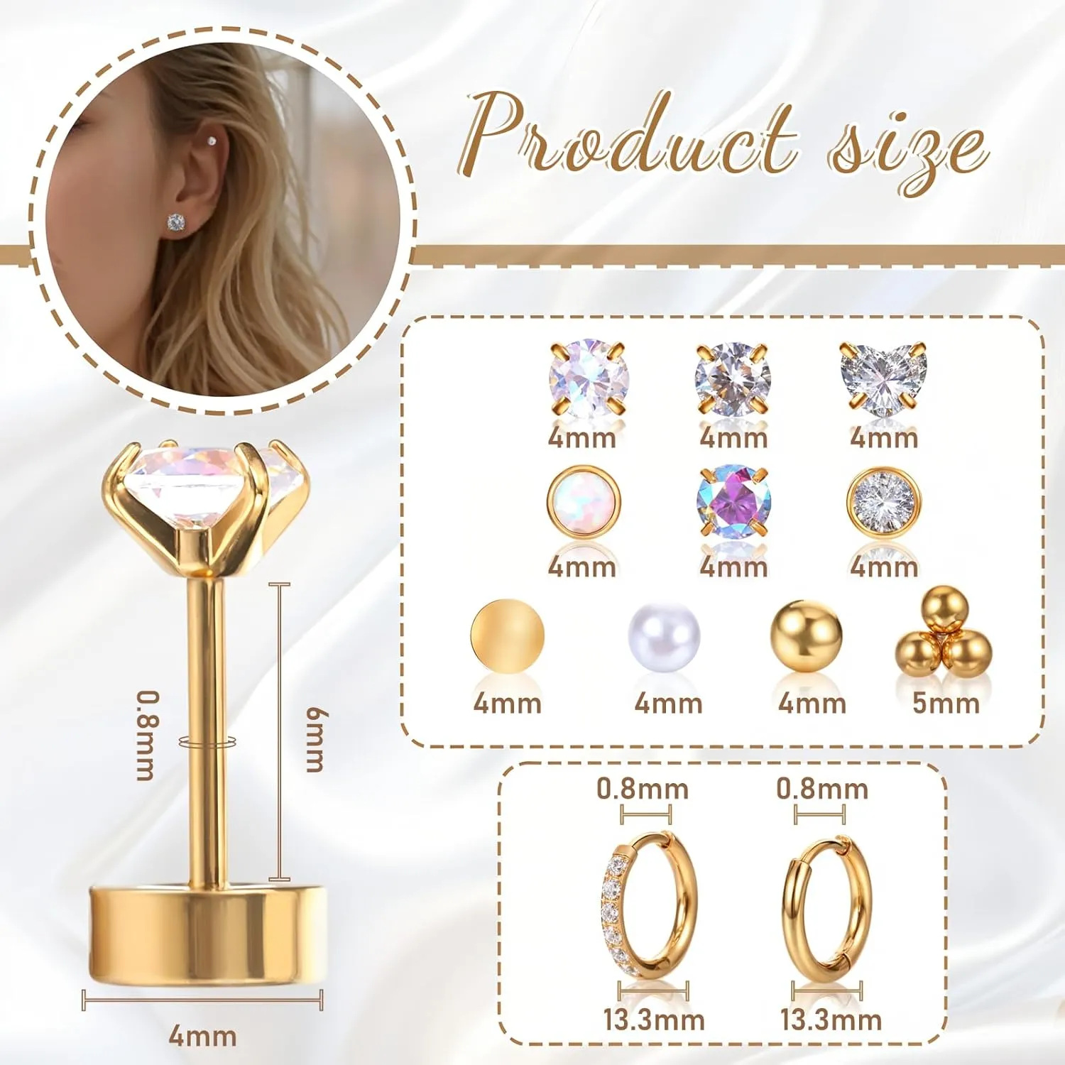 12Pairs Anti-sensitive Surgical Steel Earrings for Sensitive Ears Flat Back Stud Earring Small Huggie Hoop Cartilage Earring