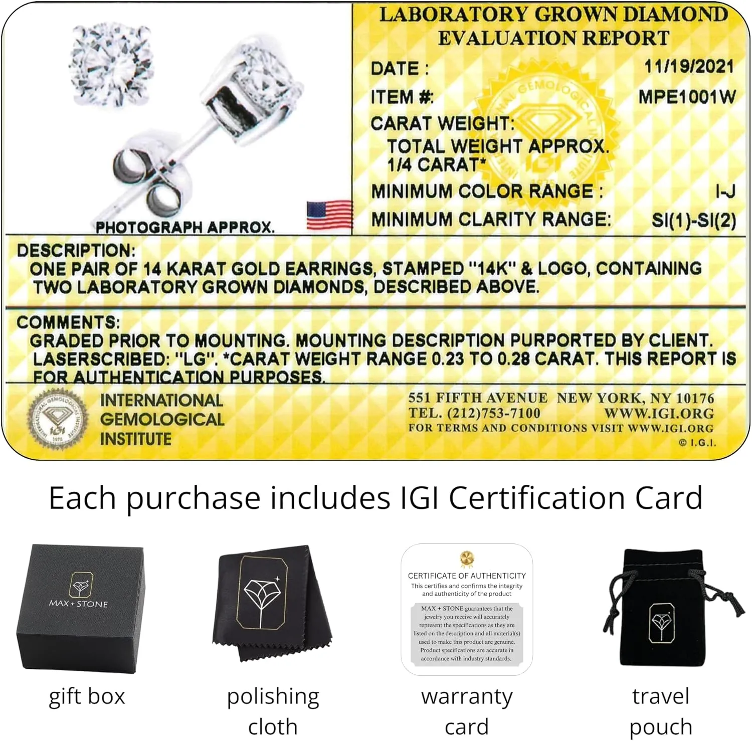 1/4-2 Carat IGI Certified Lab Grown Diamond Stud Earrings | Solitaire Real Diamonds Earring for Women in I-J Color & SI1-SI2 Clarity | 14K Gold Diamond Studs with Secure Backs by MAX   STONE