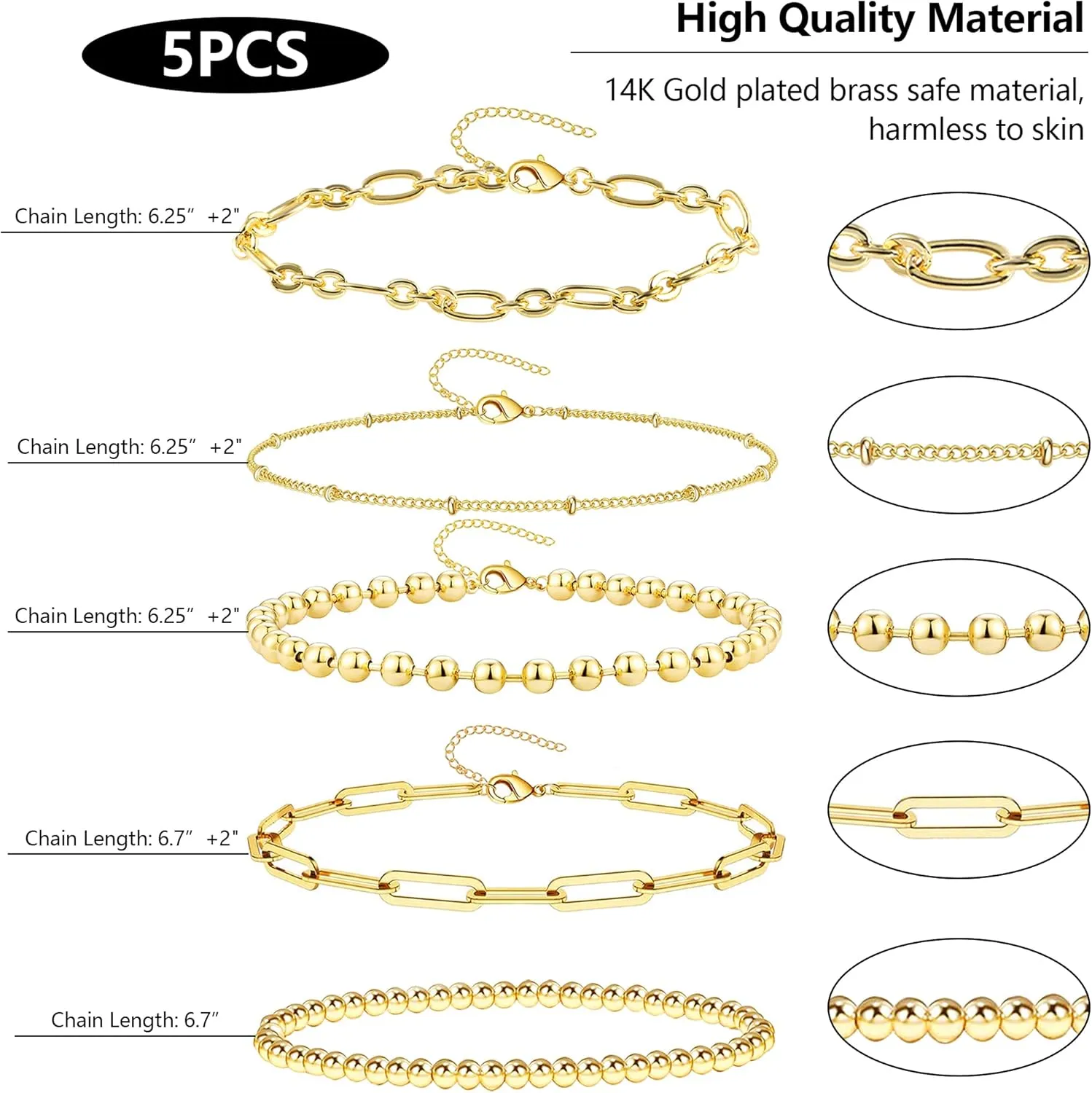 14K Gold Chai14K Gold Chain Bracelets Set for Women, Dainty Paperclip Link Bead Stackable Layered Bracelets Metal Fashion Jewelry