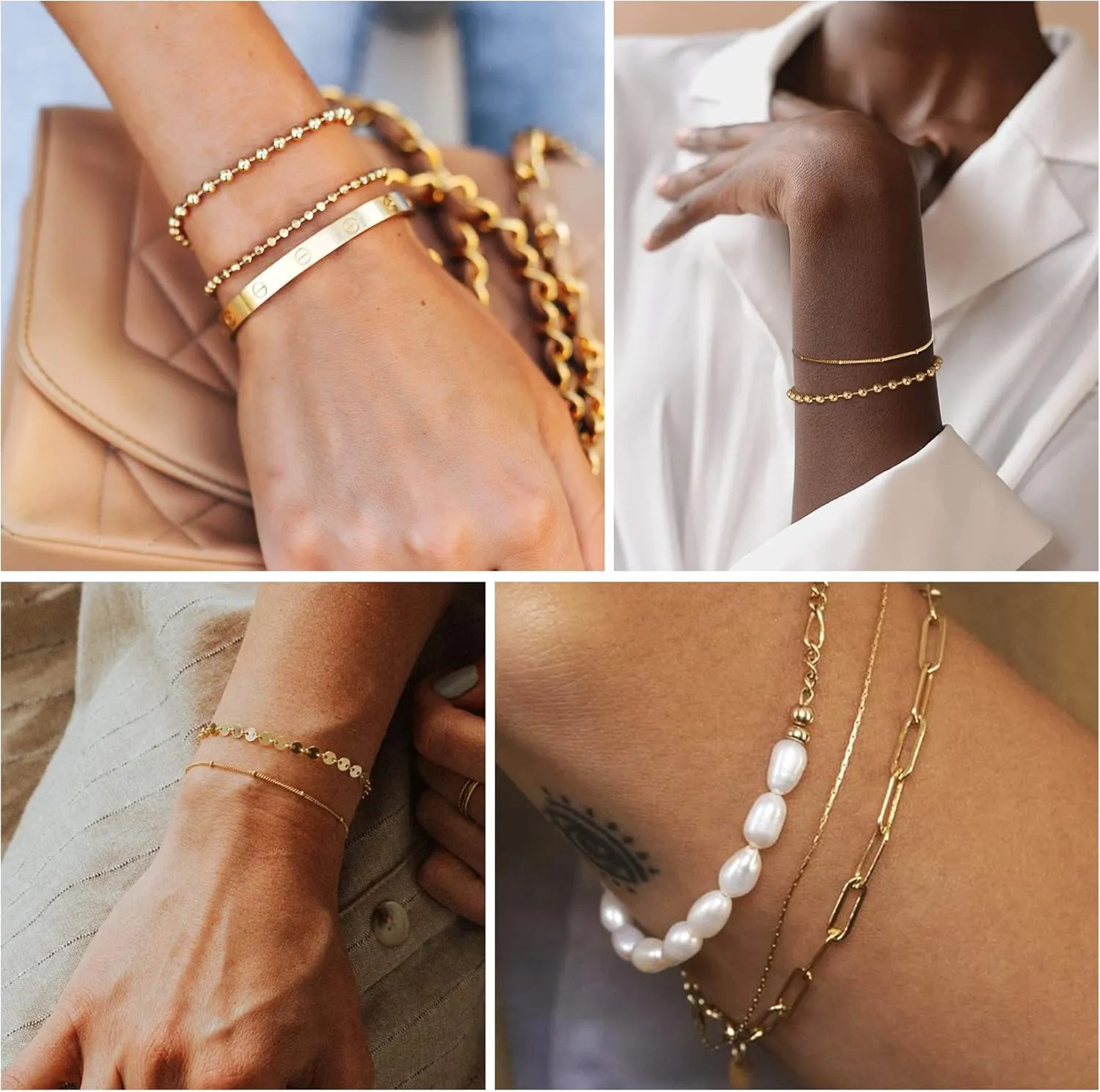 14K Gold Chai14K Gold Chain Bracelets Set for Women, Dainty Paperclip Link Bead Stackable Layered Bracelets Metal Fashion Jewelry