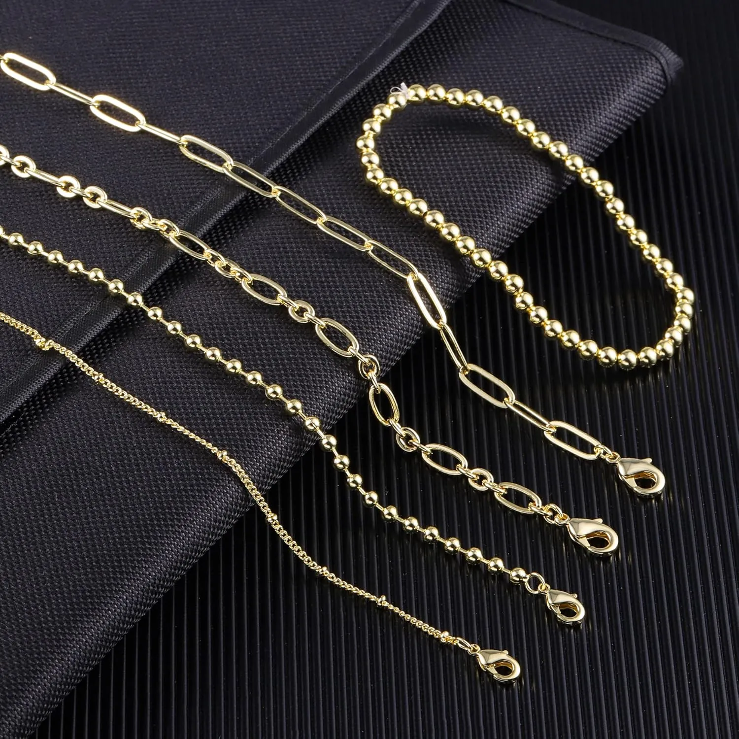 14K Gold Chai14K Gold Chain Bracelets Set for Women, Dainty Paperclip Link Bead Stackable Layered Bracelets Metal Fashion Jewelry