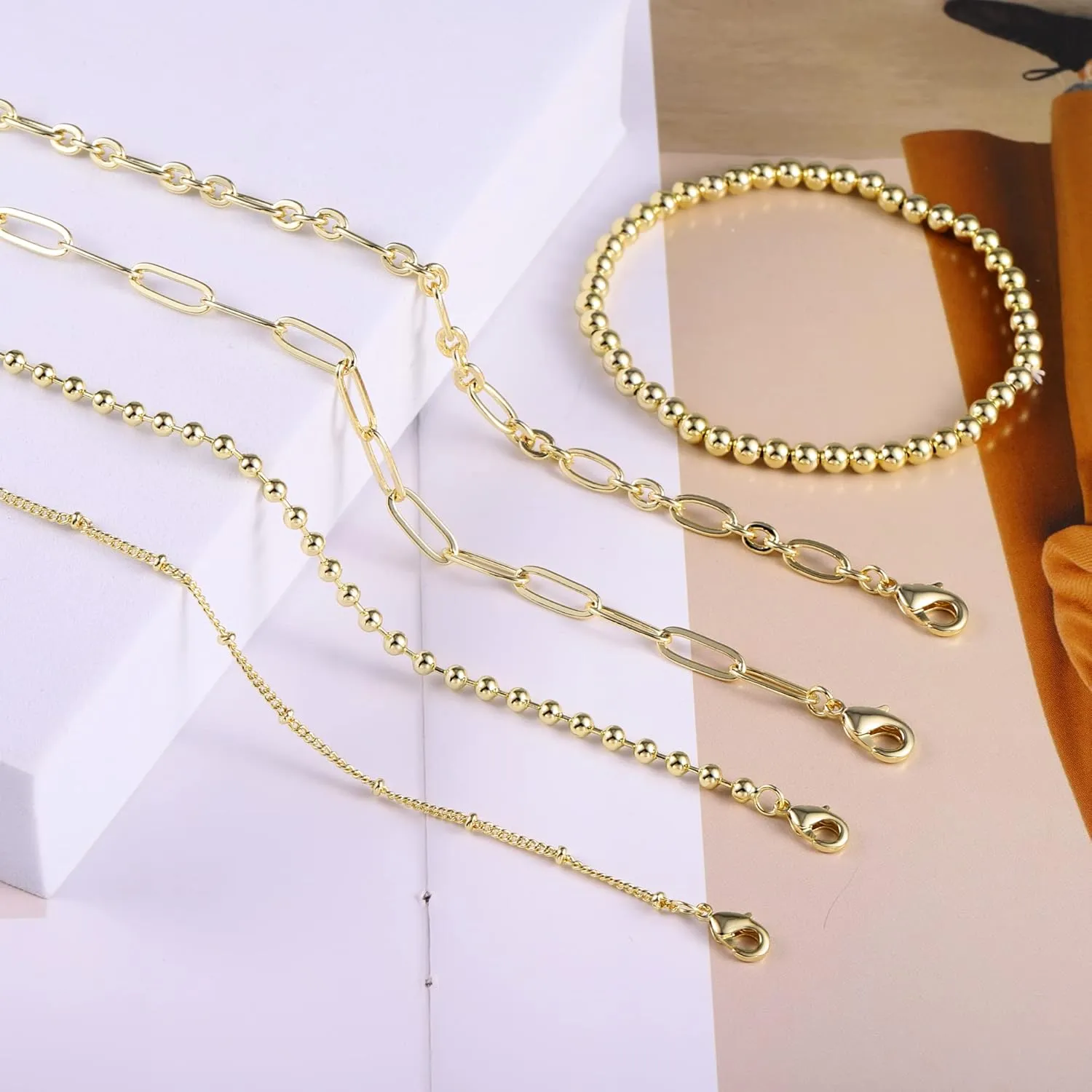 14K Gold Chai14K Gold Chain Bracelets Set for Women, Dainty Paperclip Link Bead Stackable Layered Bracelets Metal Fashion Jewelry
