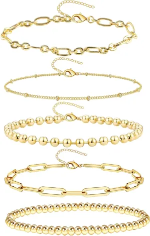 14K Gold Chai14K Gold Chain Bracelets Set for Women, Dainty Paperclip Link Bead Stackable Layered Bracelets Metal Fashion Jewelry