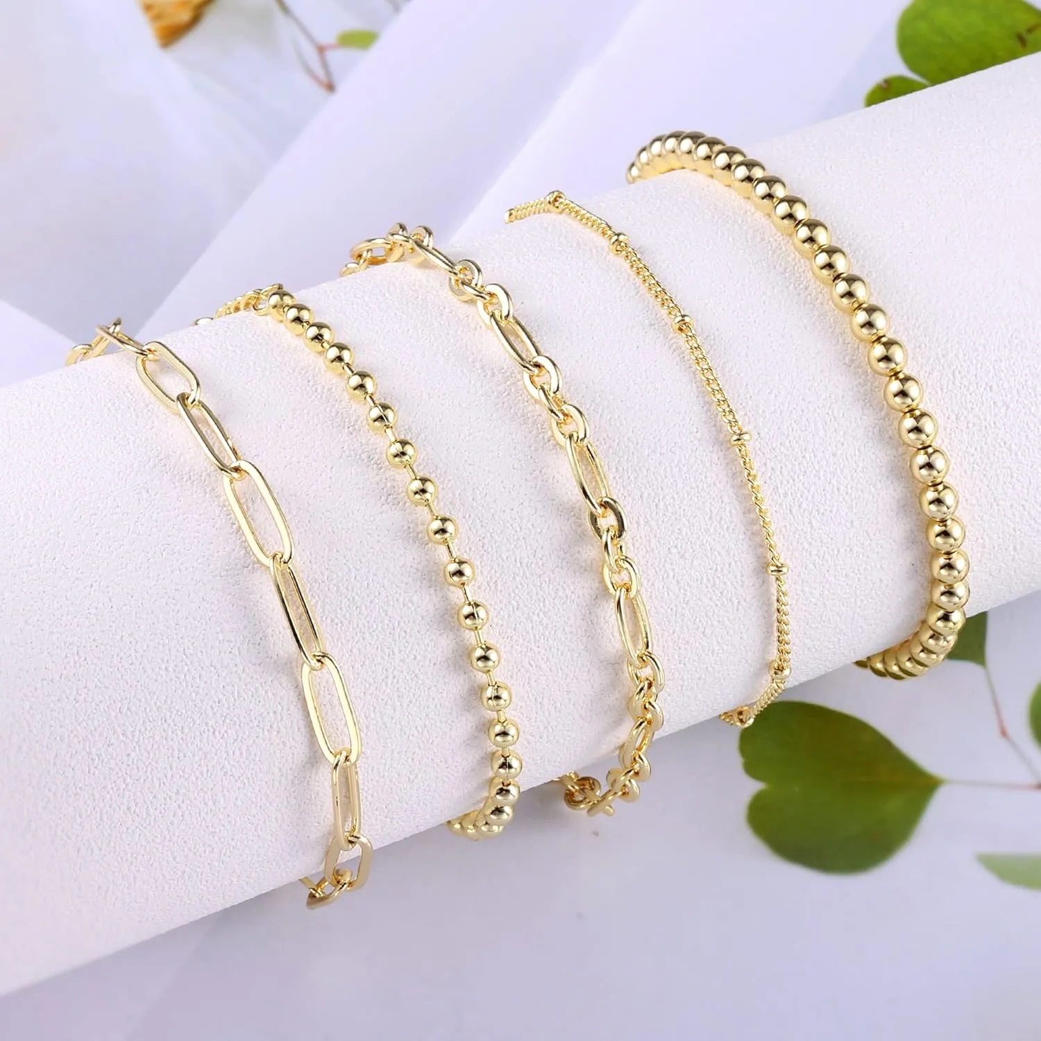 14K Gold Chai14K Gold Chain Bracelets Set for Women, Dainty Paperclip Link Bead Stackable Layered Bracelets Metal Fashion Jewelry