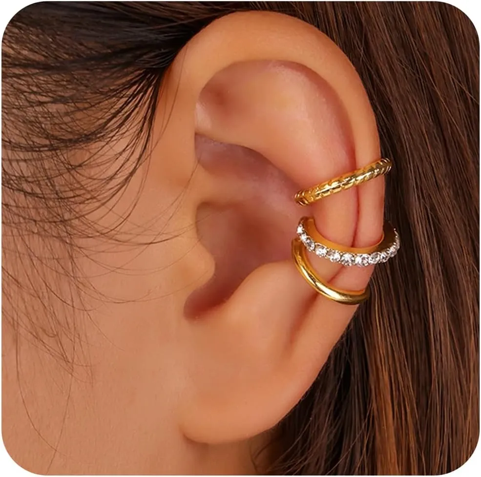 14K Gold Ear Cuff Earrings for Women Non Pierceing | Fake Cartilage/Conch/Helix Clip On Jewelry Set |Hoop Earrings for Non pierced Ears | women's Upper Ear Cuffs with Diamond Wrap Design