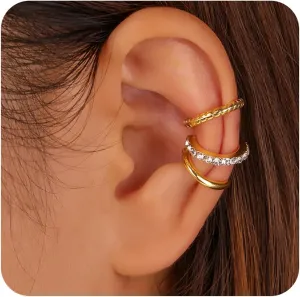 14K Gold Ear Cuff Earrings for Women Non Pierceing | Fake Cartilage/Conch/Helix Clip On Jewelry Set |Hoop Earrings for Non pierced Ears | women's Upper Ear Cuffs with Diamond Wrap Design