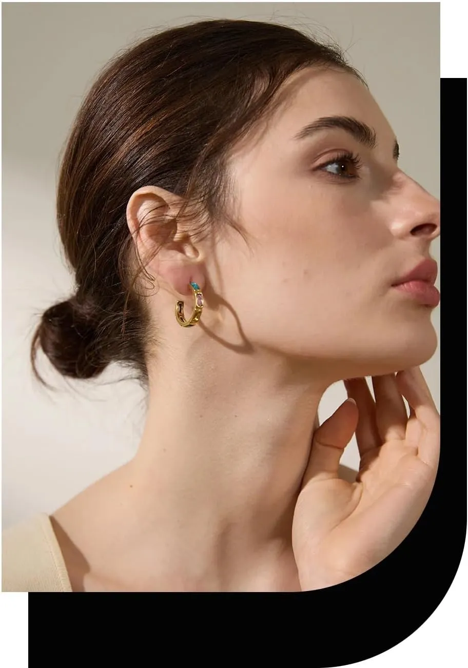 14K Gold Filled Circle Earrings For Women - Colorful Cubic Zirconia C Shape Geometric Huggie Earrings, Classic Round Daily Earrings, Boucles D'oreilles Rondes Simples