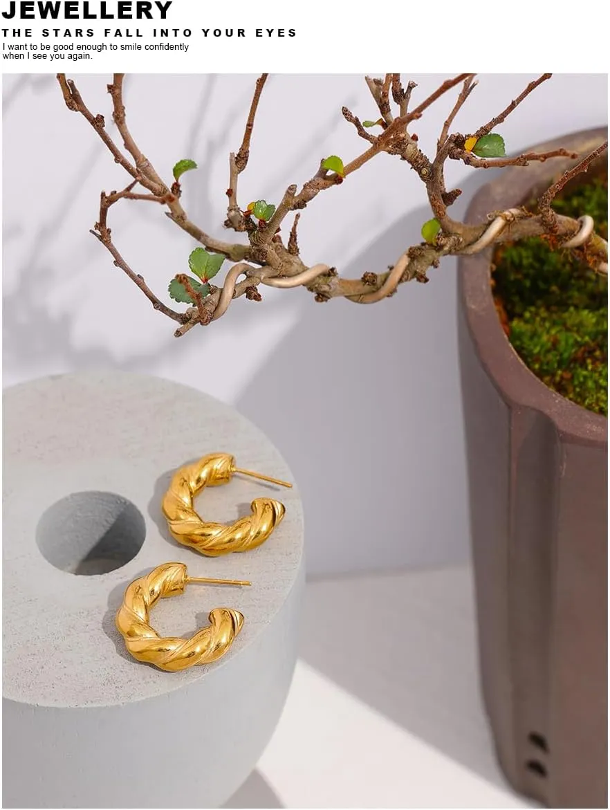 14K Gold Filled Circle Hoop Earrings For Women, Big Minimalist Geometric Twisted Hoop Earrings Temperament Golden Hoop Earrings, C Shape Round Chunky Unusual Earrings