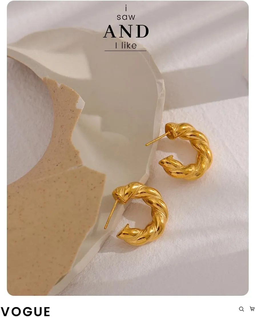 14K Gold Filled Circle Hoop Earrings For Women, Big Minimalist Geometric Twisted Hoop Earrings Temperament Golden Hoop Earrings, C Shape Round Chunky Unusual Earrings