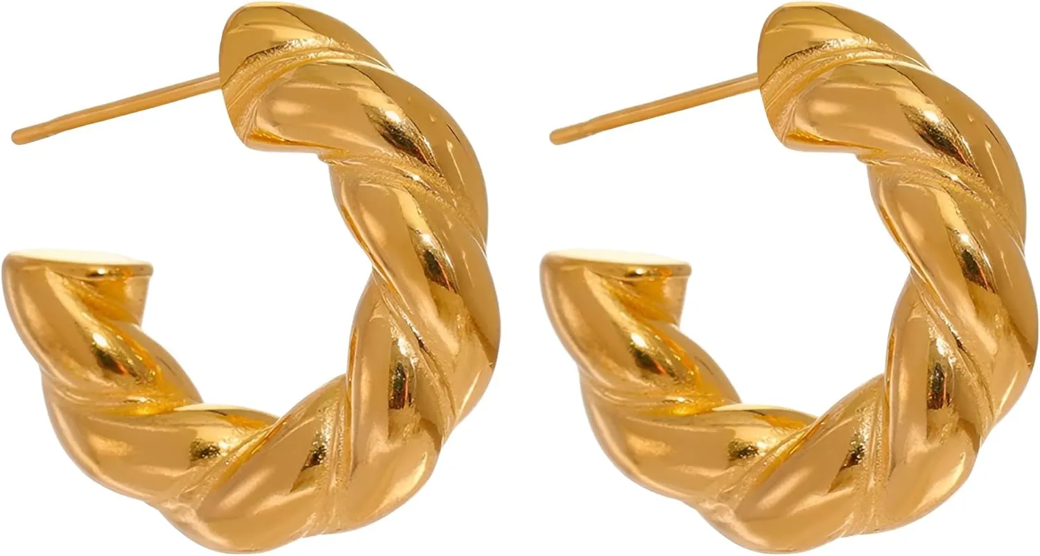 14K Gold Filled Circle Hoop Earrings For Women, Big Minimalist Geometric Twisted Hoop Earrings Temperament Golden Hoop Earrings, C Shape Round Chunky Unusual Earrings