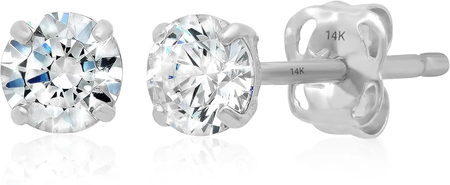 14k Gold Solitaire Round Cubic Zirconia Earrings Studs for Women & Men | Anti Tarnishing CZ Stud Earrings with 14k Gold Butterfly Pushbacks | 4MM-7.5MM by MAX   STONE