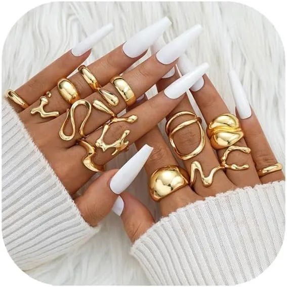15pcs Gold Chunky Rings Set for Women 14K Gold Plated Thick Dome Stackable Open Plain Band Rings Statement Trendy Rings Gift