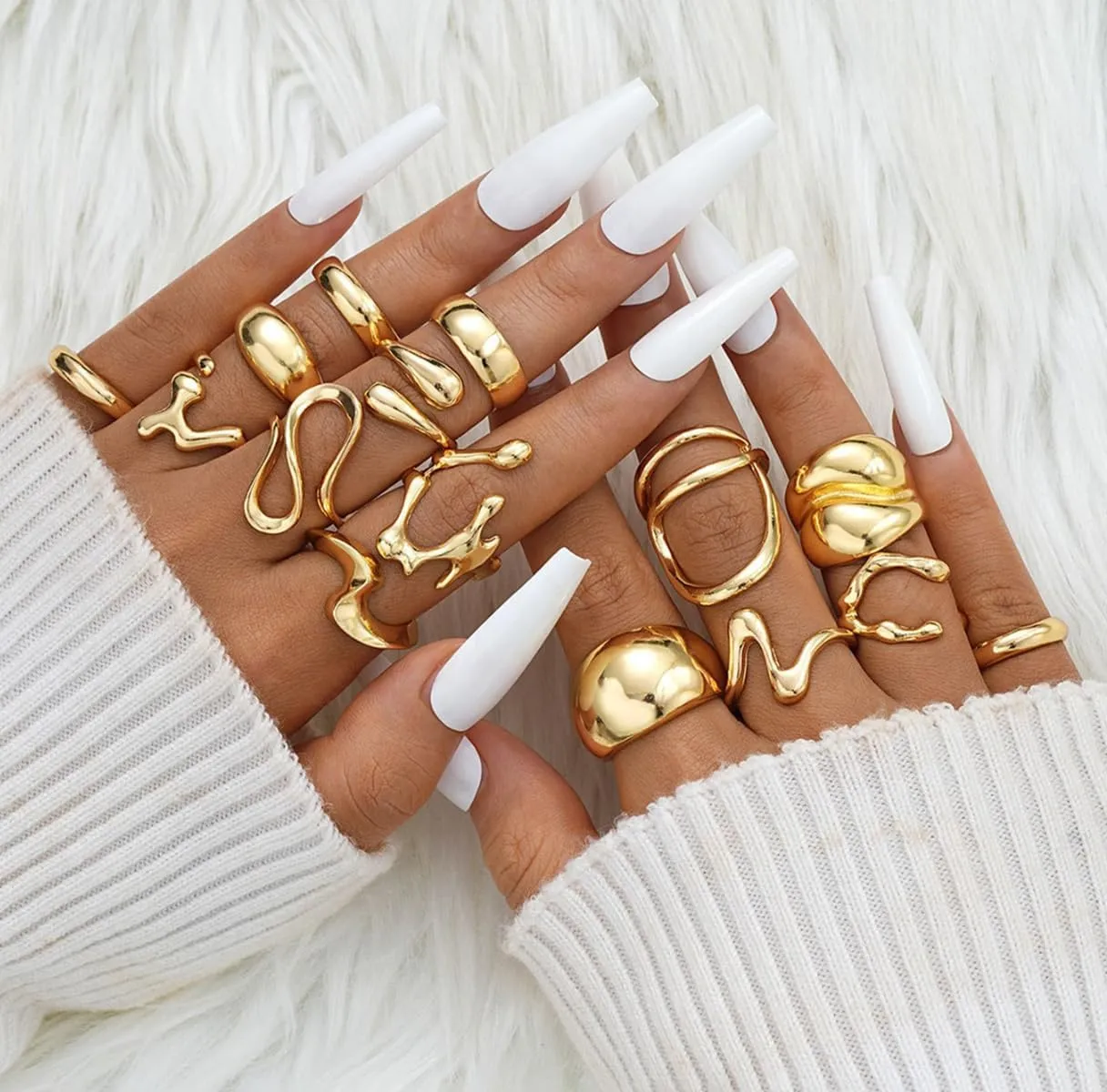 15pcs Gold Chunky Rings Set for Women 14K Gold Plated Thick Dome Stackable Open Plain Band Rings Statement Trendy Rings Gift