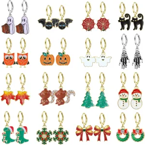 16Pairs Hypoallergenic Halloween Christmas Earrings for Women Teen Girls Thanksgiving Xmas Dangle Hoop Earrings Set Bat Ghost Pumpkin Christmas Tree Snowflake Squirrel Maple Leaf Fall Holiday Jewelry (Holiday Earrings Set)