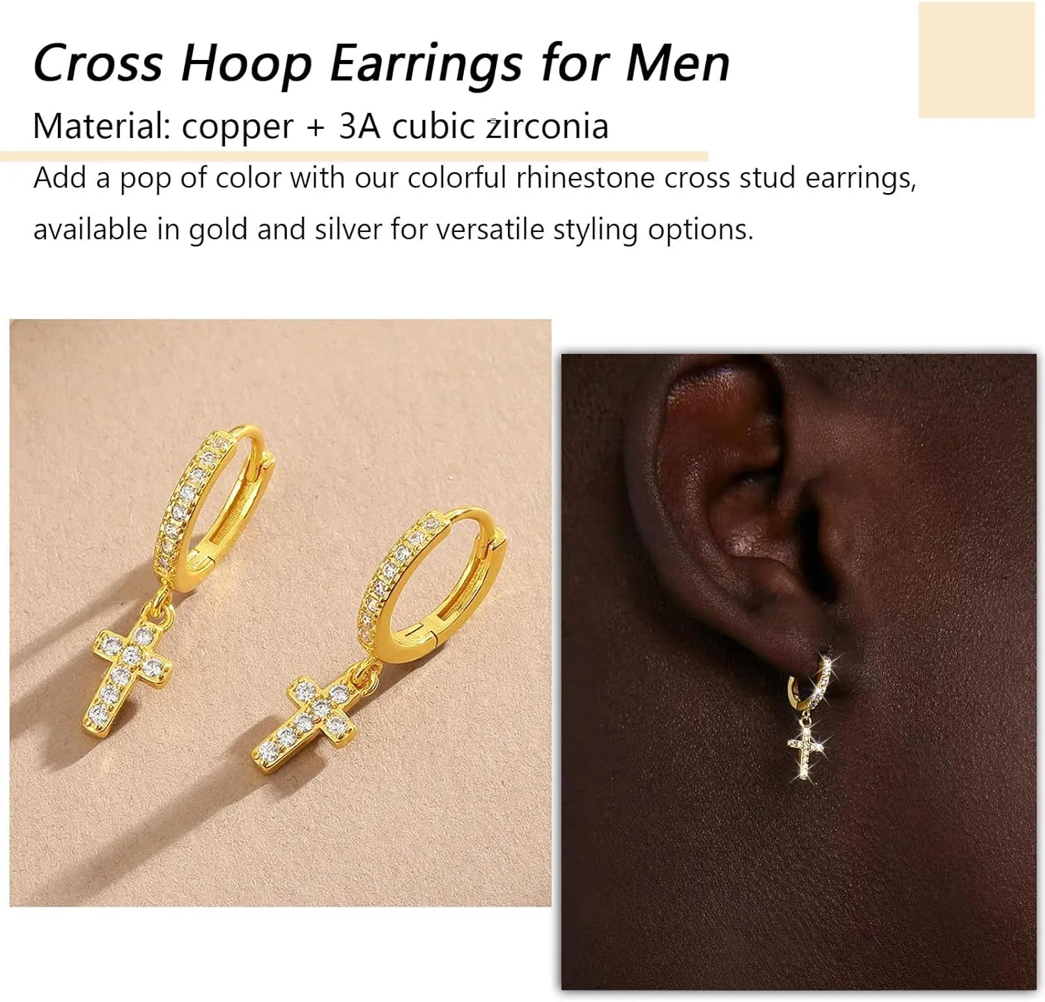 18k Gold Plated Cross Hoop Earrings for Women Men - Rhinestone Gold Silver Dangle Earrings, Small Huggie Hoops, Lightweight Cross Jewelry