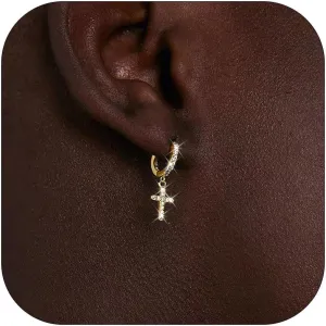 18k Gold Plated Cross Hoop Earrings for Women Men - Rhinestone Gold Silver Dangle Earrings, Small Huggie Hoops, Lightweight Cross Jewelry