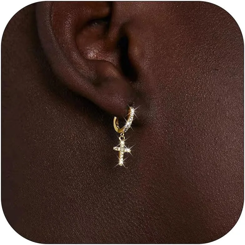 18k Gold Plated Cross Hoop Earrings for Women Men - Rhinestone Gold Silver Dangle Earrings, Small Huggie Hoops, Lightweight Cross Jewelry