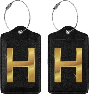 2 Pack Gold Print H Lettering Luggage Tag for Suitcase, Steel Loop with Privacy Cover ID Label, Travel Birthday Gift for Men Women