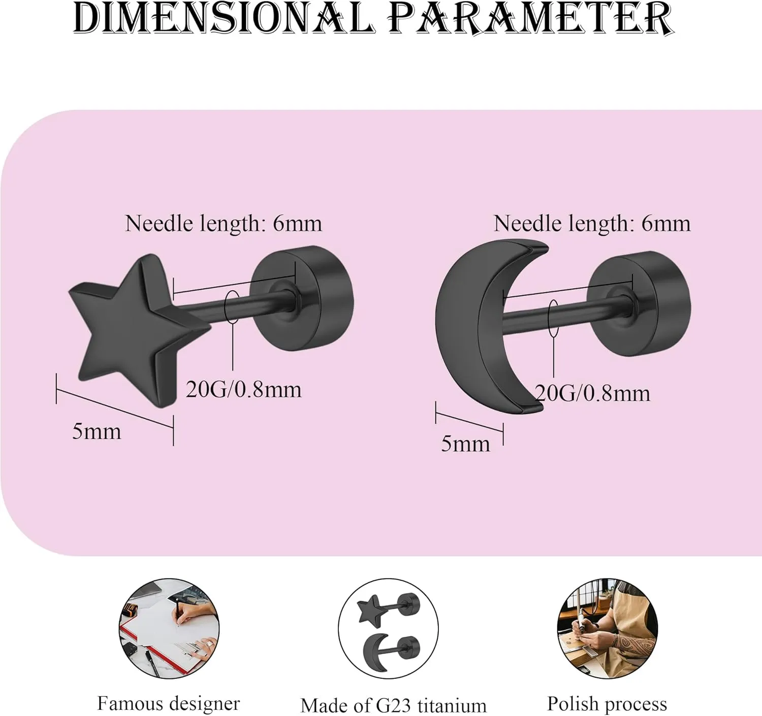2 Pairs Flat Back Earrings Women, Titanium Star and Moon Earrings, Heart & CZ Flatback Stud, Butterfly & Lightning Screw Back, Crosses and Triangles Stud, Gold/Pink/Silver/Black Options