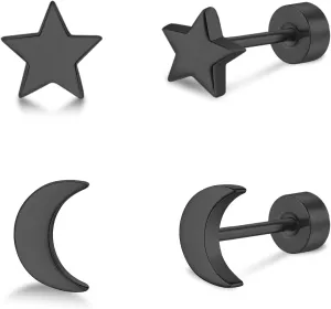2 Pairs Flat Back Earrings Women, Titanium Star and Moon Earrings, Heart & CZ Flatback Stud, Butterfly & Lightning Screw Back, Crosses and Triangles Stud, Gold/Pink/Silver/Black Options