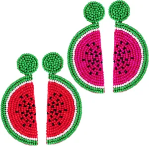 2 Pairs Fruit Watermelon Shape Drop Earrings Bohemian Seed Bead Earrings Handmade Beaded Dangle Studs Jewelry for Women Girls Party(Rose Red, Red)