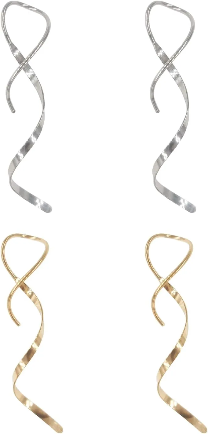 2 Pairs Spiral Threader Earrings For Women Gold Silver Spiral Threader Twist Curved Pull Through Earrings Twisted Linear Curved Dangling Minimal Earrings For Jewelry (Gold Silver)