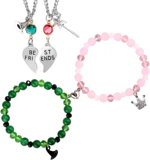 2 Sets Matching Bracelets and Necklaces, Green Pink Friendship Bracelets Hat Crown Jewelry Matching Necklaces Movie Stuff Gifts for Women