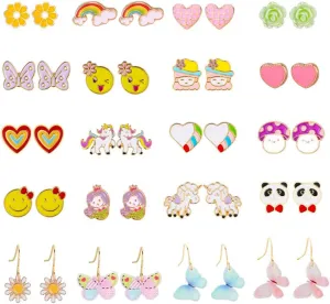 20 Pairs Earrings Set for GirlsHypoallergenic Stud Colorful Earrings Set Cute Animal Butterfly Heart Flower Pearl Earring for Teen Girls Little Girls Jewelry Sets
