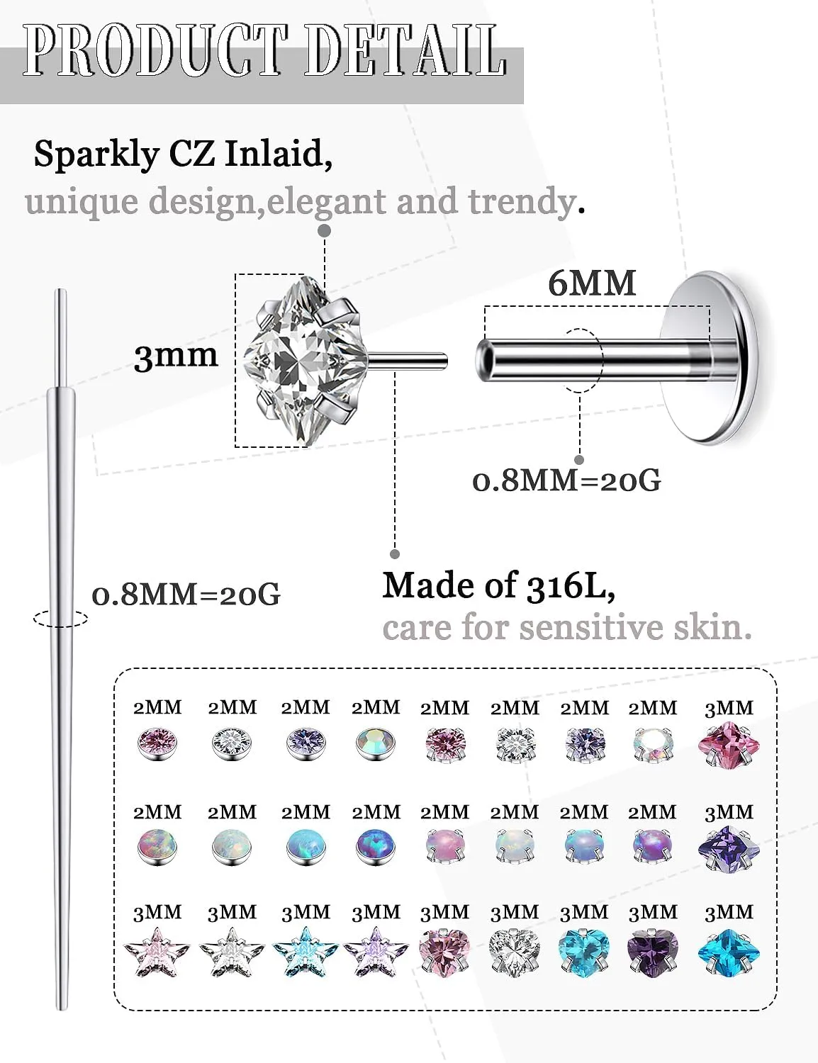 20G 18G 16G Threadless Nose Rings Studs Flat Back Earrings Surgical Stainless Steel Opal Nose Rings Stud Tragus Helix Conch Cartilage Earrings Piercing Jewelry For Women Men Hypoallergenic