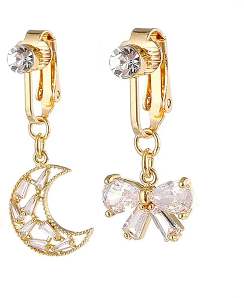 2Pcs Moon Bowknot Fake Belly Button Rings for Women Stainless Steel CZ Non-Piercing Clip On Belly Navel Rings Dangle Fake Belly Piercing Jewelry