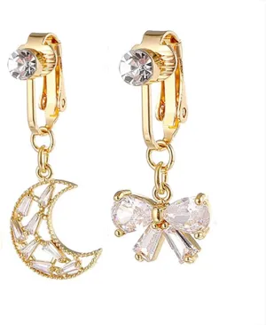2Pcs Moon Bowknot Fake Belly Button Rings for Women Stainless Steel CZ Non-Piercing Clip On Belly Navel Rings Dangle Fake Belly Piercing Jewelry