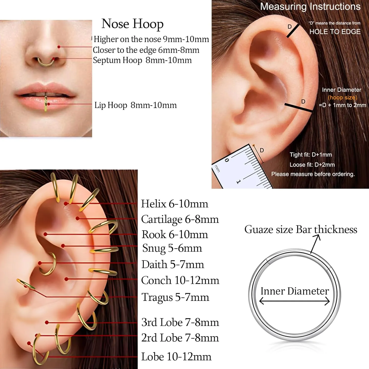 2Pcs Titanium Nose Rings Hoop 20G 18G 16G Double Hoop Nose Ring Diameter 6mm to 10mm Cartilage Helix Daith Rook Earring Hinged Septum Segment Ring Clicker Piercing Silver-Gold-Rose Gold-Black