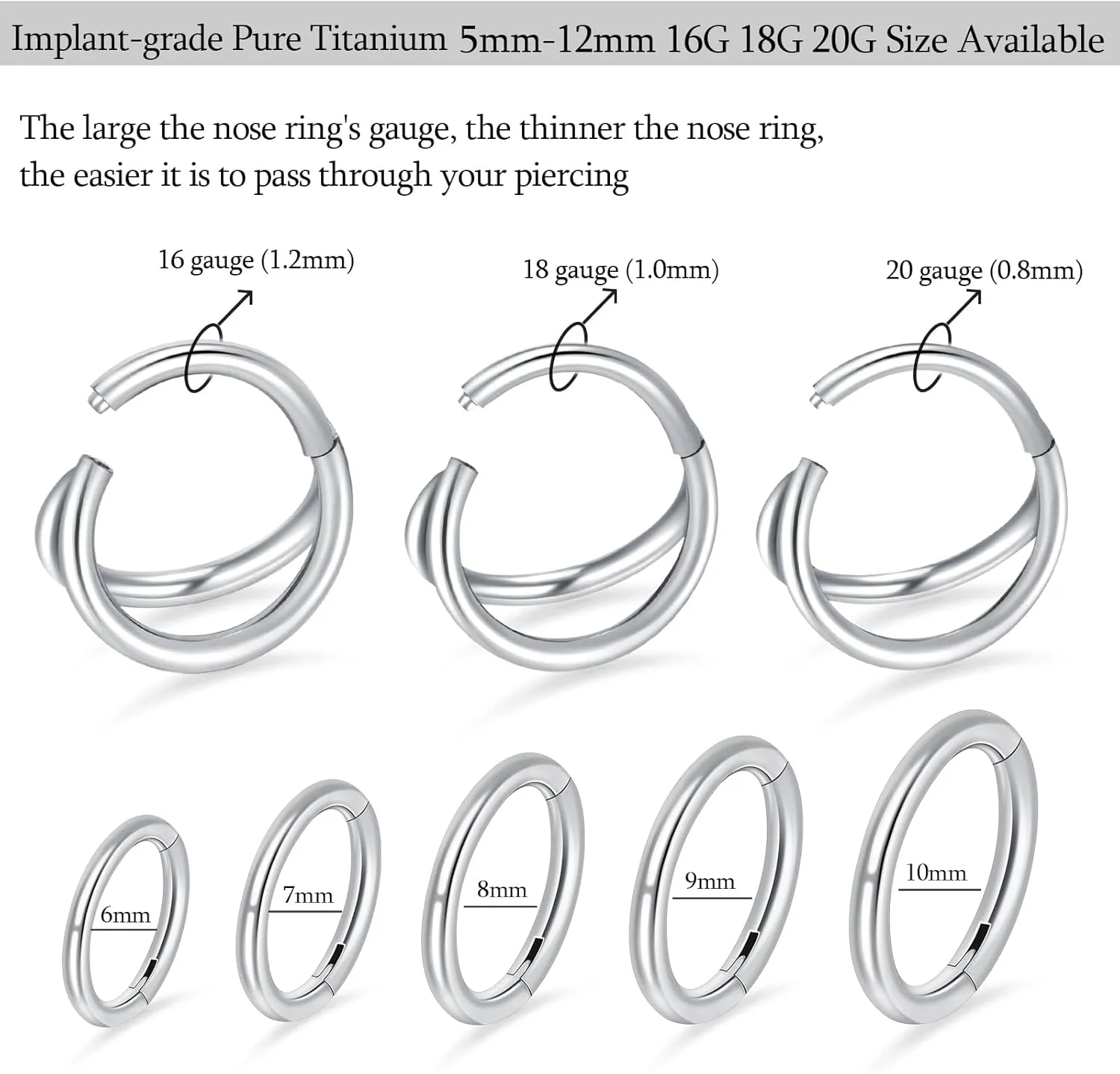 2Pcs Titanium Nose Rings Hoop 20G 18G 16G Double Hoop Nose Ring Diameter 6mm to 10mm Cartilage Helix Daith Rook Earring Hinged Septum Segment Ring Clicker Piercing Silver-Gold-Rose Gold-Black