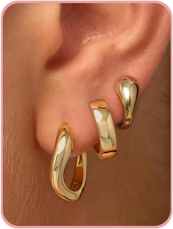3 Pairs Gold Hoop Earrings for Women Trendy Dainty Gold Huggie Earrings 14k Gold Stud Earring Hypoallergenic Earrings Small Hoop Earrings for Gifts