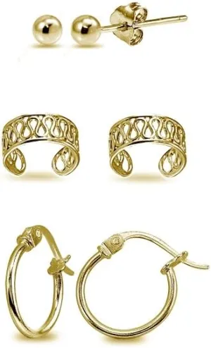 3 Pairs Sterling Silver Ear Cuff Cartilage Clip, 12mm Tiny Small Hoops & 3mm Round Ball Stud Earrings Set for Men Women