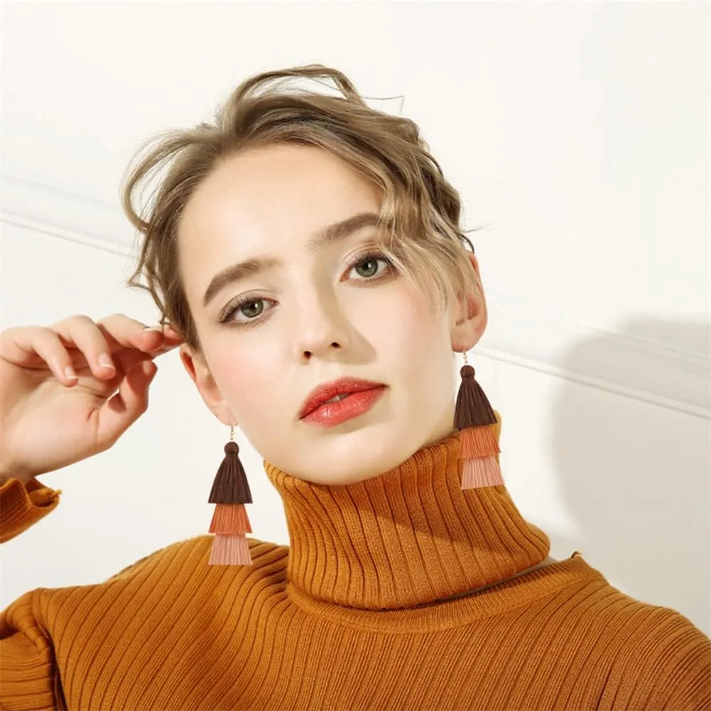 3 Tier Layered Colorful Tassel Earrings Bohemian Big Dangle Drop Fashion Jewelry Earrings for Women Valentine Birthday Party.