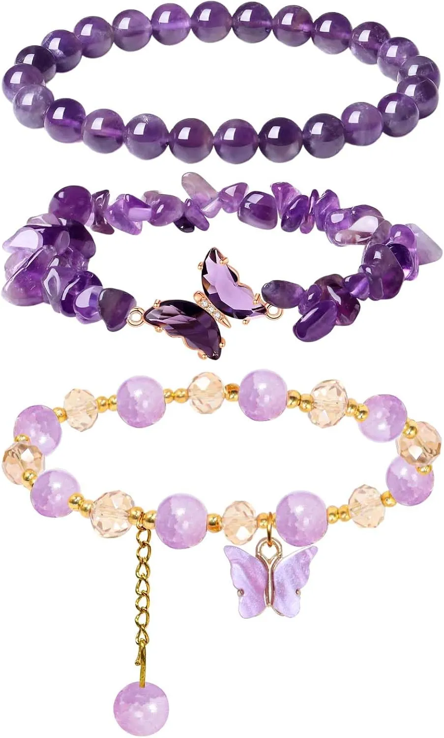3Pcs Purple Butterfly Bracelets for Women Amethyst Crystal Beaded Bracelets Butterfly Charm Elastic Stretchable Natural Crystal Jewelry Accessories (Purple)