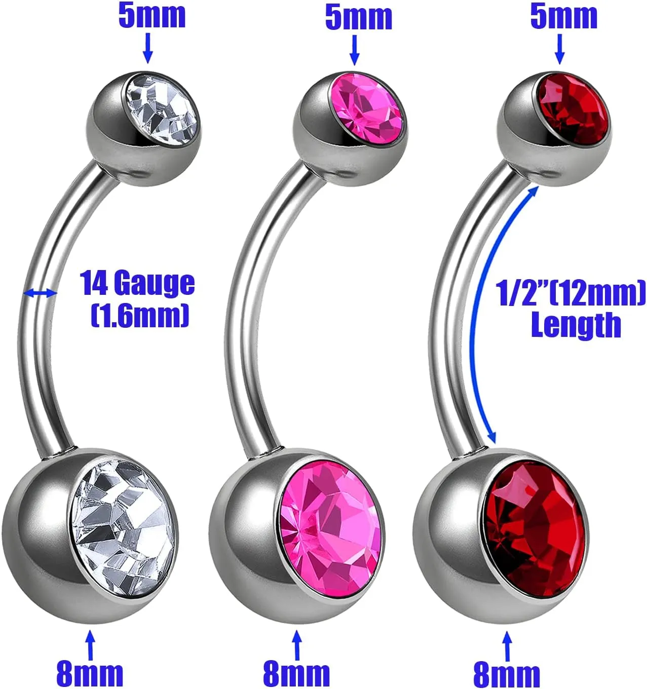 3Pcs Titanium G23 14g Belly Button Rings Piercing Jewelry navel Ear Lobe Earring 8mm 5mm Crystal Ball More Choices